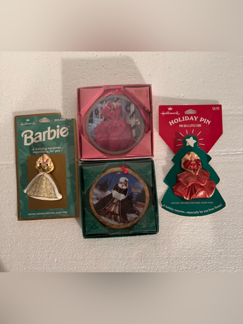 Bundle lot of Hallmark Barbie Holiday Pins & Enesco Ornaments